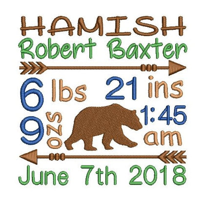 Baby birth announcement customised machine embroidery design by rosiedayembroidery.com