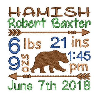 Baby boy birth announcement -custom embroidery design by rosiedayembroidery.com