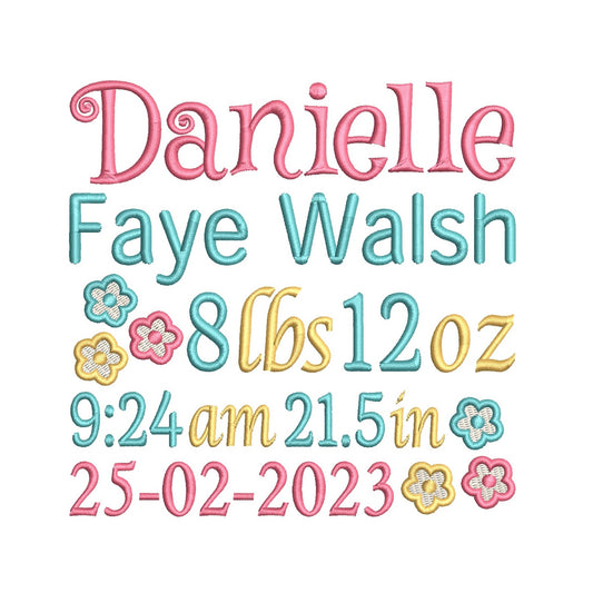 Baby birth announcement machine embroidery design by rosiedayembroidery.com