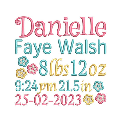 Baby birth announcement machine embroidery design by rosiedayembroidery.com