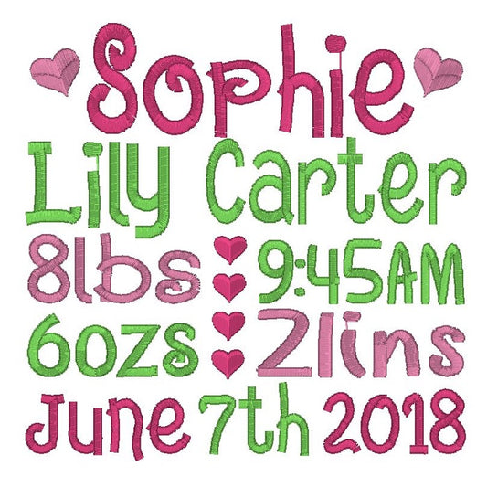 Baby girl birth announcement -custom embroidery design by rosiedayembroidery.com