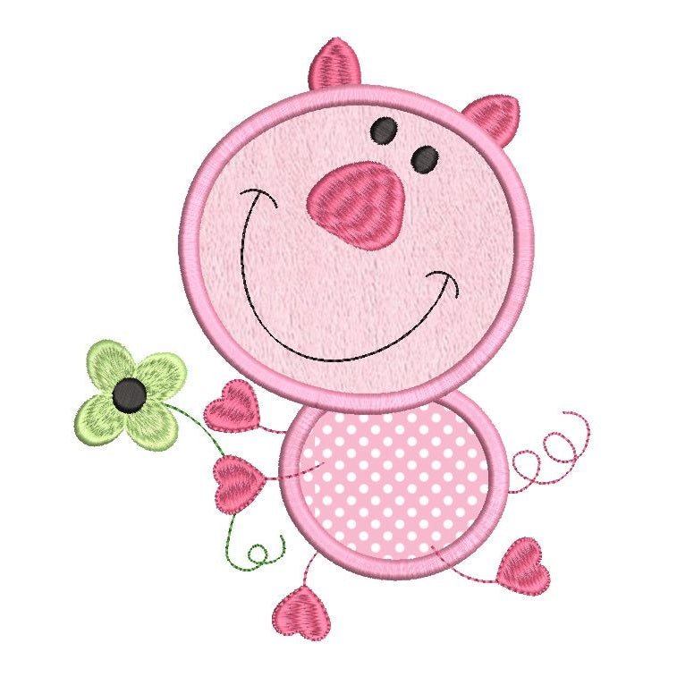 Happy pig applique machine embroidery design by rosiedayembroidery.com