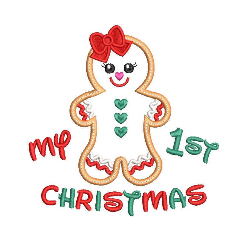 1st Christmas gingerbread girl applique machine embroidery design by rosiedayembroidery.com