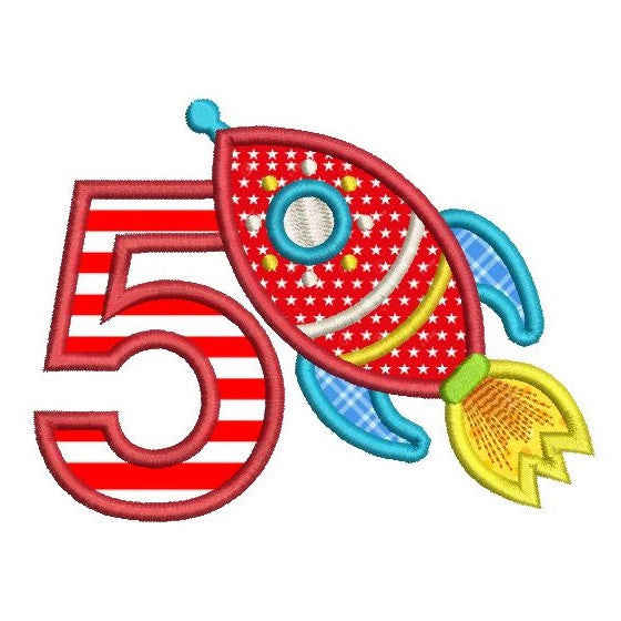 Boy's 5th birthday rocketship applique machine embroidery design by rosiedayembroidery.com