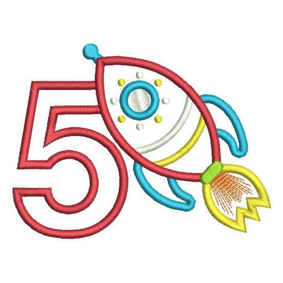 Boy's 5th birthday rocketship applique machine embroidery design by rosiedayembroidery.com