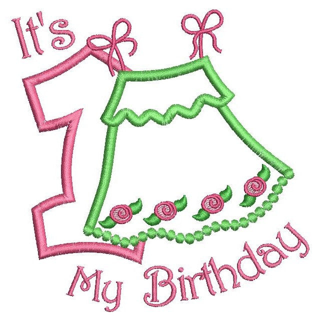 Baby dress with number 1 applique machine embroidery design by rosiedayembroidery.com
