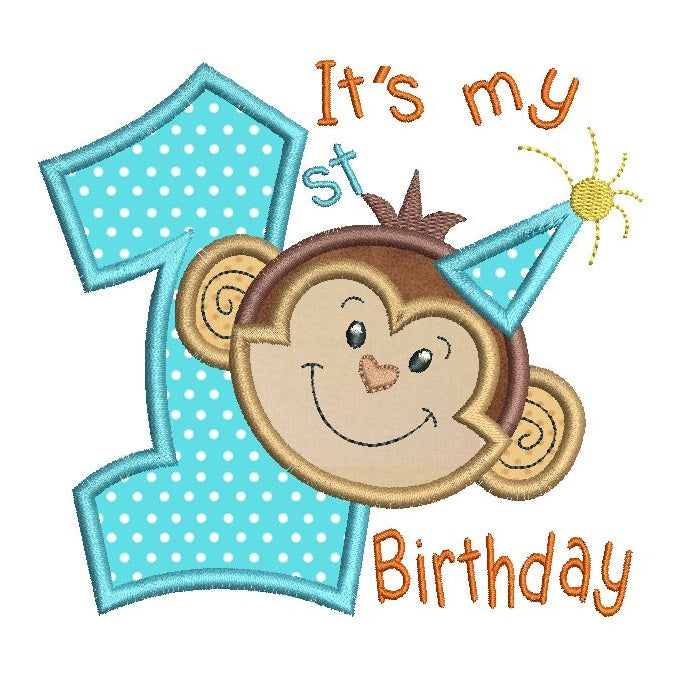 1st birthday number with a cute little monkey face applique machine embroidery design by rosiedayembroidery.com