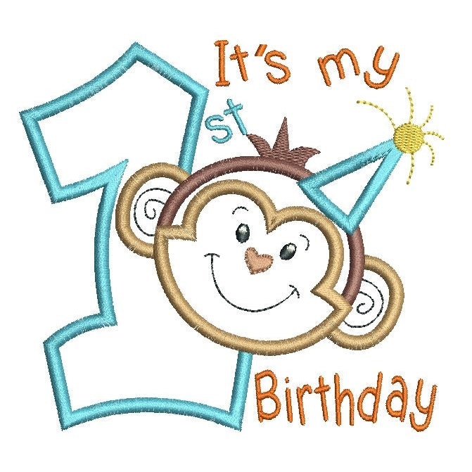1st birthday number with a cute little monkey face applique machine embroidery design by rosiedayembroidery.com
