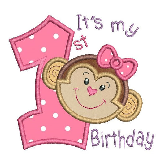 1st birthday number with a cute little monkey face applique machine embroidery design by rosiedayembroidery.com