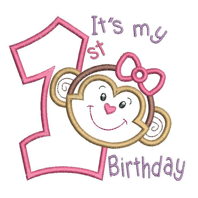 1st birthday number with a cute little monkey face applique machine embroidery design by rosiedayembroidery.com