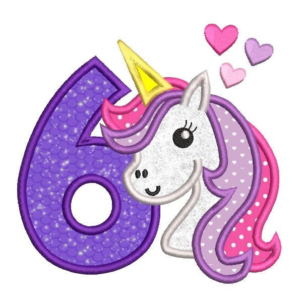 Girl's 6th birthday unicorn applique machine embroidery design by rosiedayembroidery.com