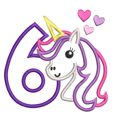 Girl's 6th birthday unicorn applique machine embroidery design by rosiedayembroidery.com