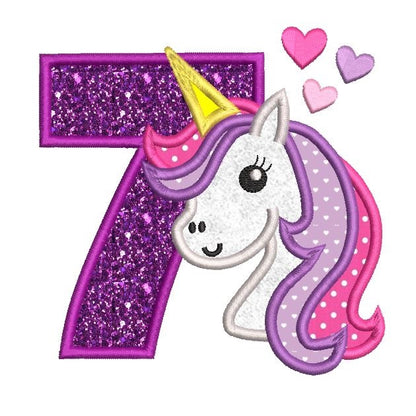Girl's 7th birthday unicorn applique machine embroidery design by rosiedayembroidery.com