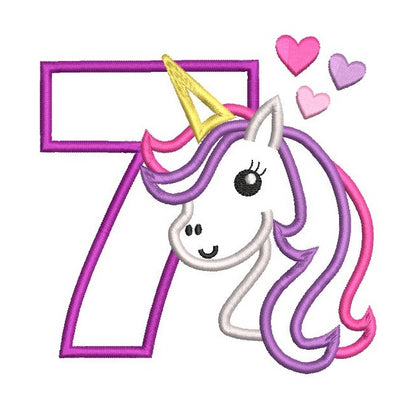 Girl's 7th birthday unicorn applique machine embroidery design by rosiedayembroidery.com