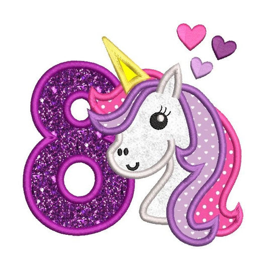 8th birthday unicorn applique machine embroidery design by rosiedayembroidery.com