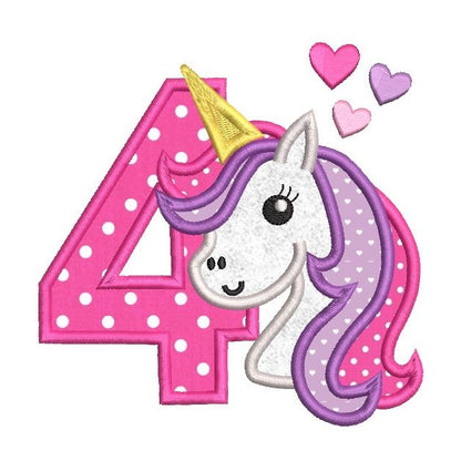 4th birthday unicorn applique machine embroidery design by rosiedayembroidery.com