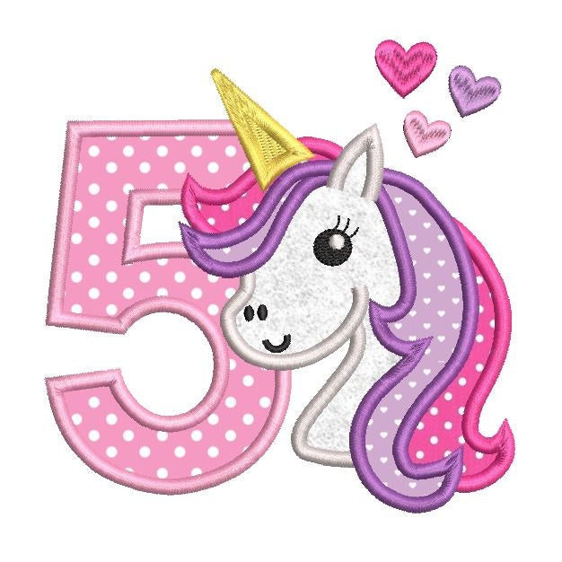 5th birthday unicorn applique machine embroidery design by rosiedayembroidery.com