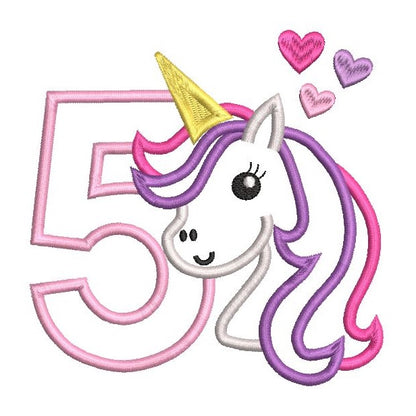 5th birthday unicorn applique machine embroidery design by rosiedayembroidery.com