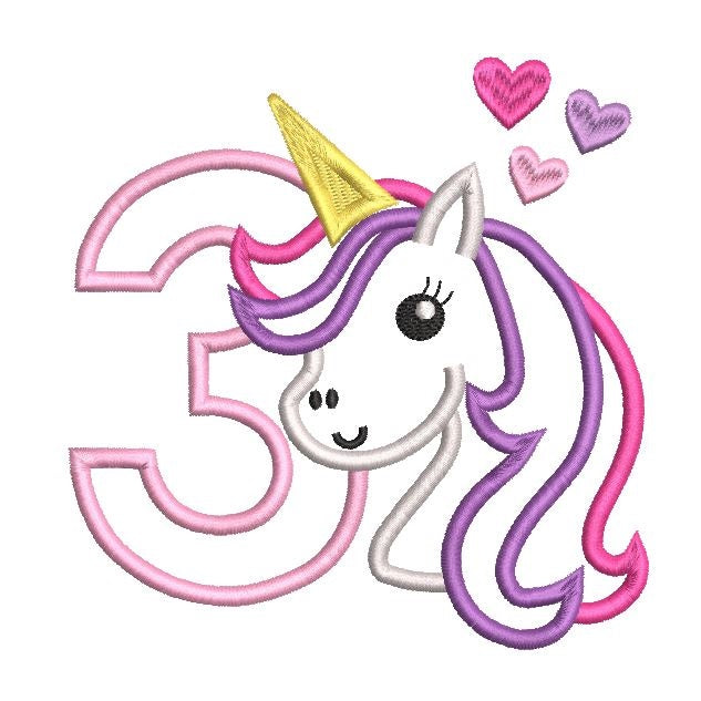 3rd birthday unicorn applique machine embroidery design by rosiedayembroidery.com