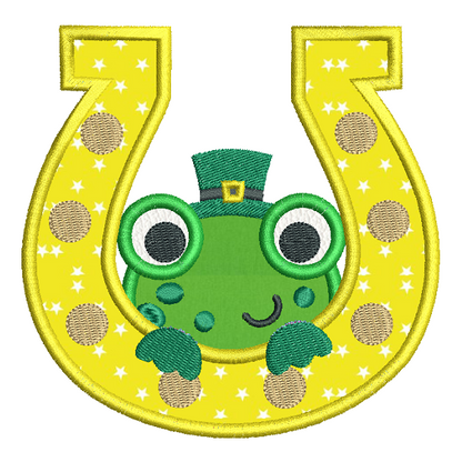 Frog in a horseshoe applique machine embroidery design by rosiedayembroidery.com