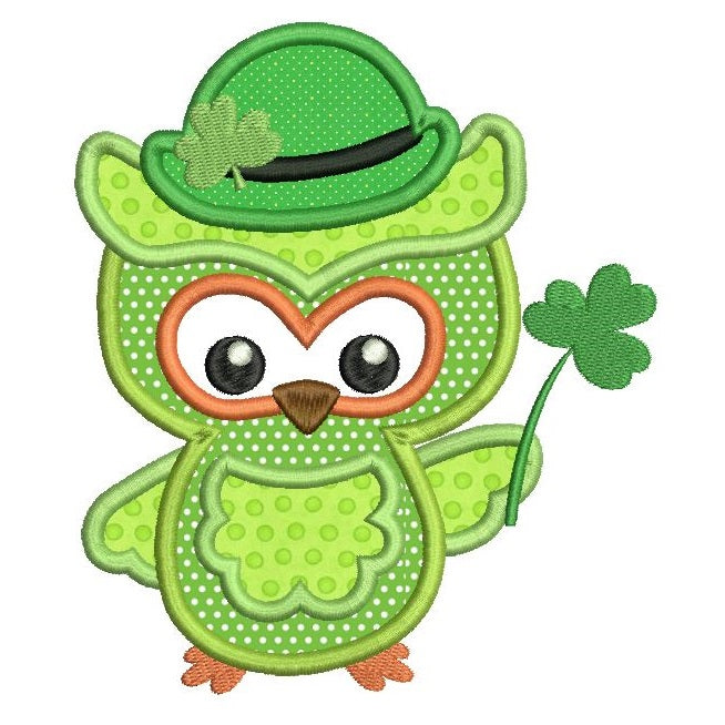 St Patrick's Day owl applique machine embroidery design by rosiedayembroidery.com