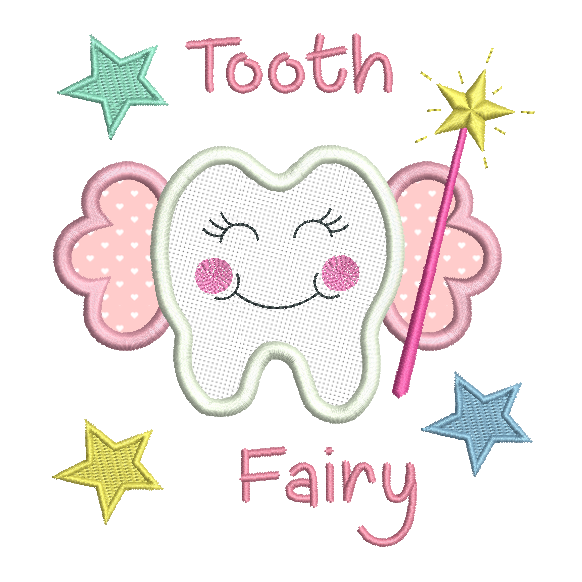 Tooth fairy applique machine embroidery design by rosiedayembroidery.com