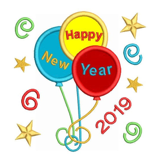 Happy New Year balloons applique embroidery design by rosiedayembroidery.com