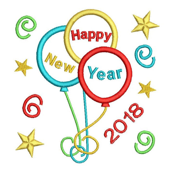 Happy New Year balloons applique embroidery design by rosiedayembroidery.com