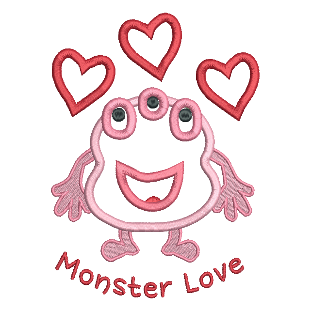 Valentine's day monster applique machine embroidery design by rosiedayembroidery.com