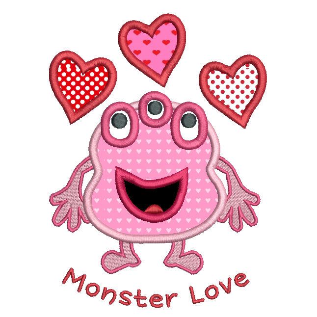 Valentine's day monster applique machine embroidery design by rosiedayembroidery.com