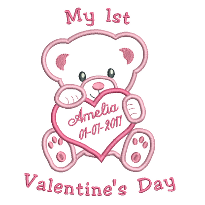 Personalised baby's 1st Valentine's Day applique machine embroidery design by rosiedayembroidery.com