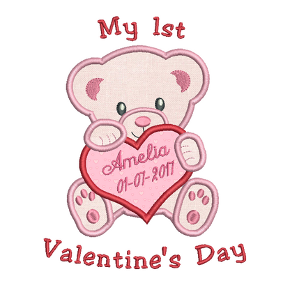 Personalised baby's 1st Valentine's Day applique machine embroidery design by rosiedayembroidery.com