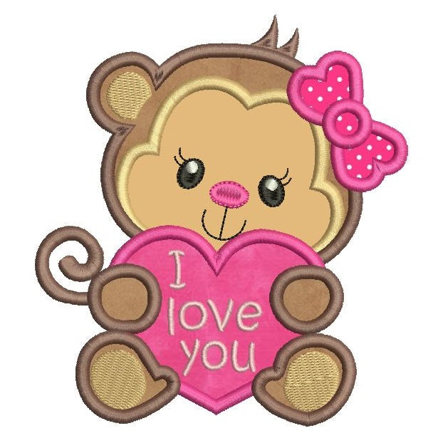Valentine's Day monkey applique machine embroidery design by rosiedayembroidery.com