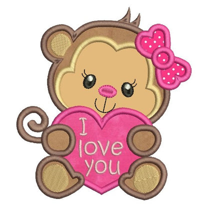 Valentine's Day monkey applique machine embroidery design by rosiedayembroidery.com
