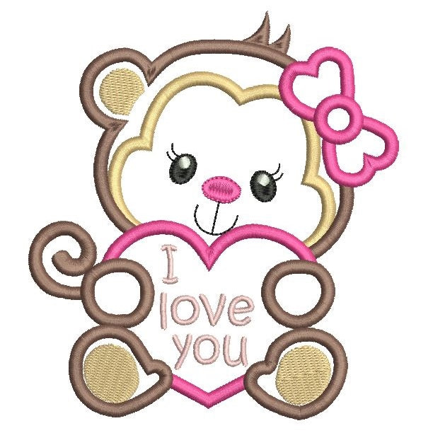 Valentine's Day monkey applique machine embroidery design by rosiedayembroidery.com