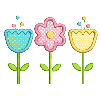 Trio of flowers applique embroidery design by rosiedayembroidery.com