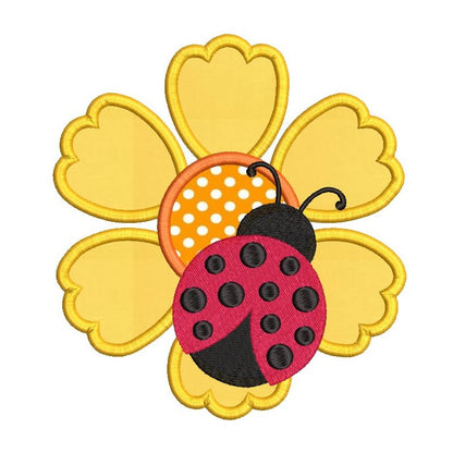 Ladybug on flower applique machine embroidery design by rosiedayembroidery.com