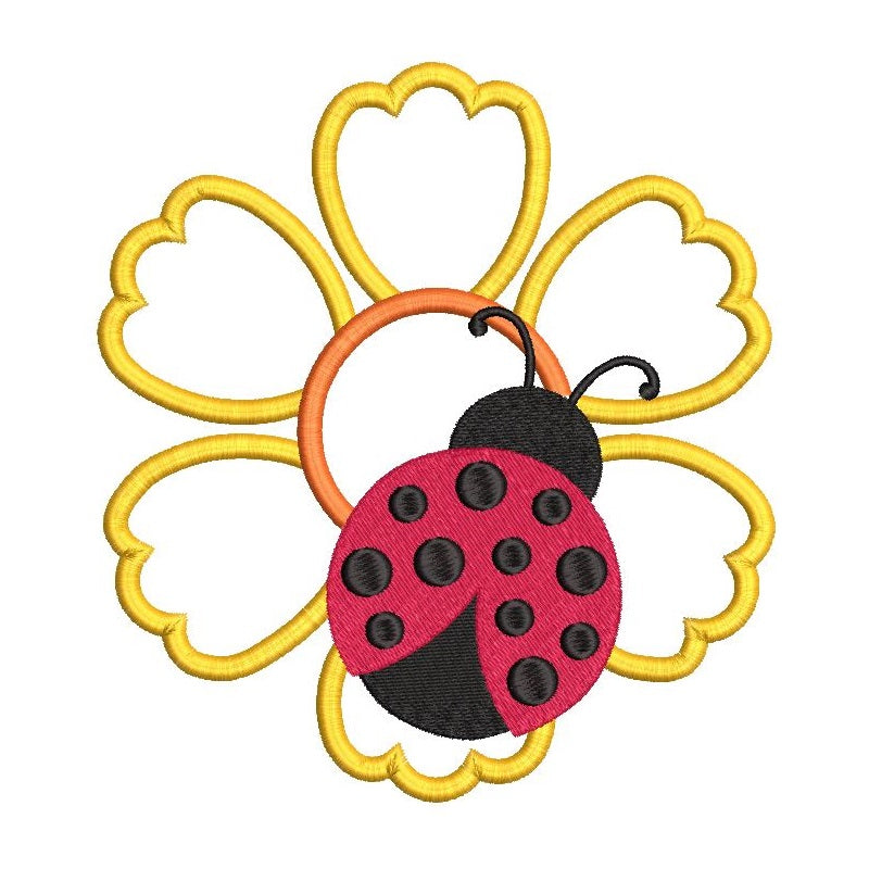 Ladybug on flower applique machine embroidery design by rosiedayembroidery.com
