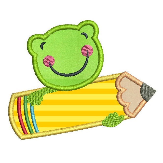 Frog with pencil applique machine embroidery design by rosiedayembroidery.com