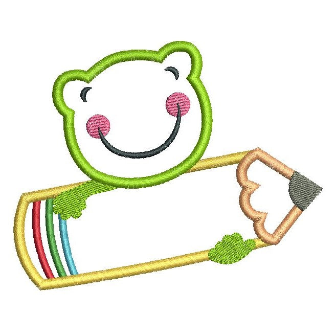 Frog with pencil applique machine embroidery design by rosiedayembroidery.com