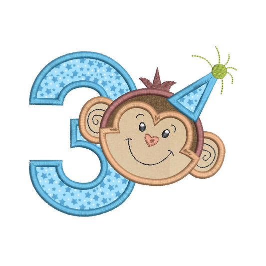 3rd birthday monkey applique machine embroidery design by rosiedayembroidery.com