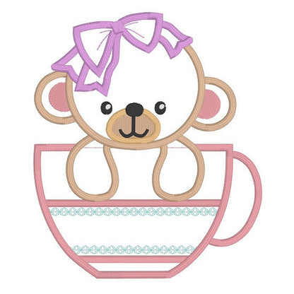 Teddy bear in a cup applique machine embroidery design by rosiedayembroidery.com