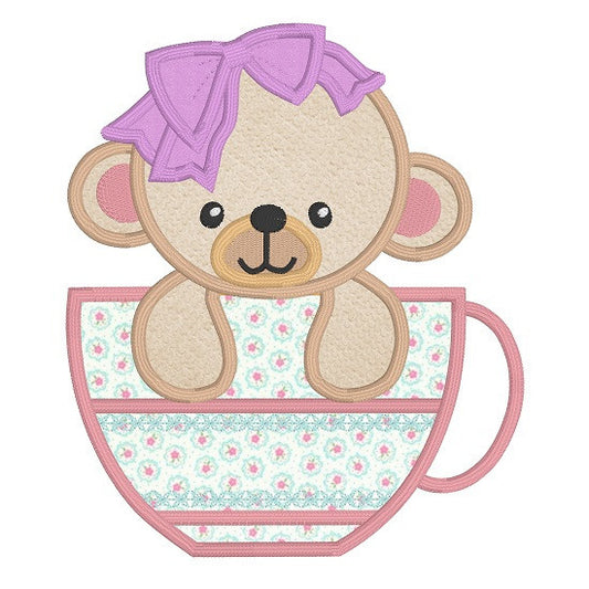 Teddy bear in a cup applique machine embroidery design by rosiedayembroidery.com