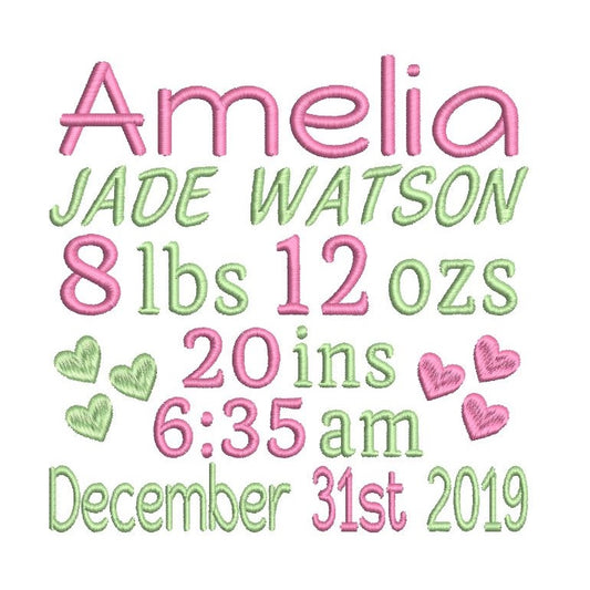 Baby birth announcement machine embroidery design by rosiedayembroidery.com