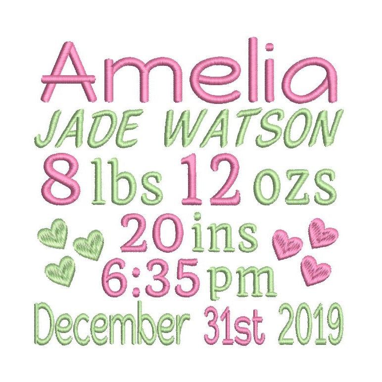 Baby birth announcement machine embroidery design by rosiedayembroidery.com