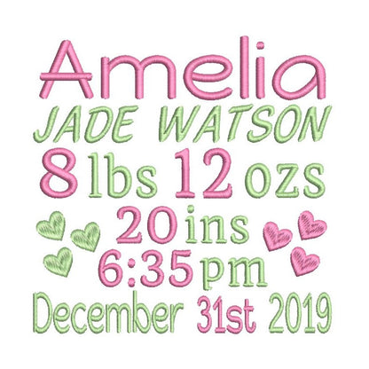 Baby birth announcement machine embroidery design by rosiedayembroidery.com