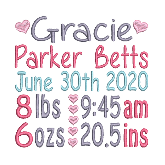 Baby birth announcement machine embroidery design by rosiedayembroidery.com