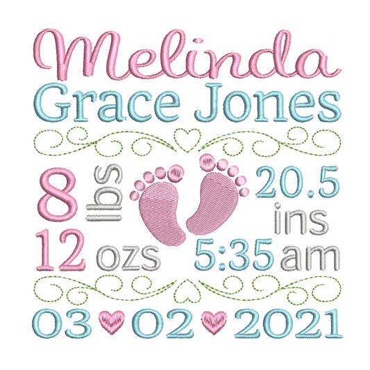 Baby Birth Announcement -Custom Embroidery Design by rosiedayembroidery.com