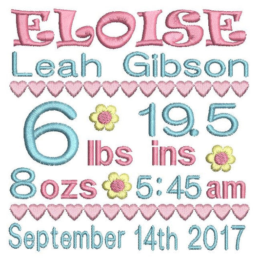 Baby girl birth announcement -custom embroidery design by rosiedayembroidery.com