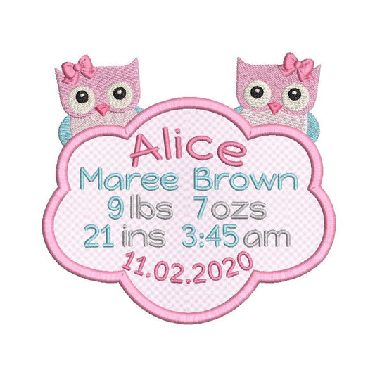 Baby birth stats template applique machine embroidery design by rosiedayembroidery.com